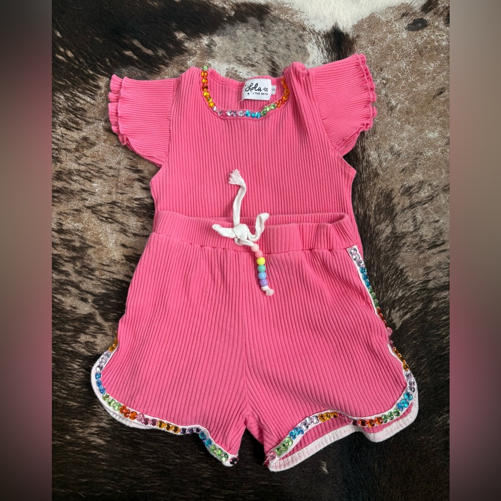 Lola and the Boys Pink Ribbed matching set with rhinestone Trim